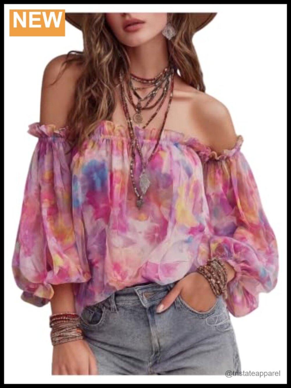 Off The Shoulder Floral Chiffon Blouse 3/4 Sleeve Ruffled Top